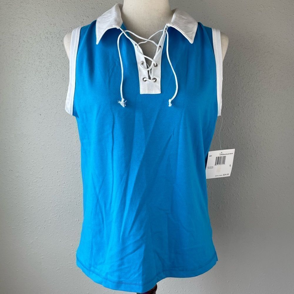 NWT Erika Caribbean Blue Sleeveless Collared Top Size L